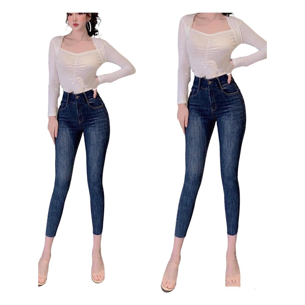 Quần jeans 9 TẤC BigSize co dãn mạnh, lưng cao, màu xanh đậm tua lai 4210