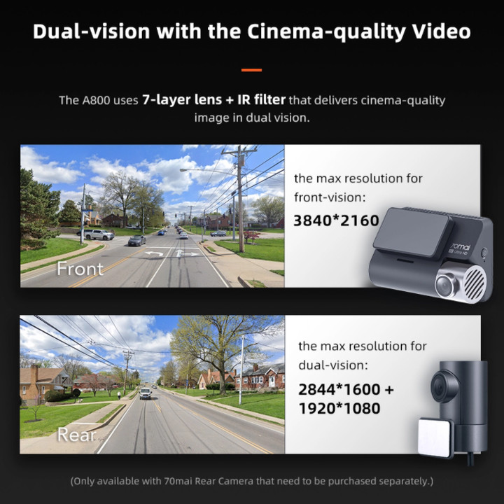 Camera hành trình ô tô Xiaomi 70mai cao cấp A800S chất lượng hình ảnh 4K, tích hợp Wifi (Bộ tích hợp Camera trước + Sau) -  Bản Quốc Tế - Hàng Nhập Khẩu