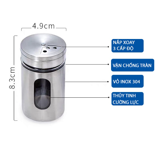 Lọ đựng muối, tiêu thủy tinh bọc inox cao cấp, lọ rắc gia vị đa năng nắp xoay lỗ rắc 3 kích thước GD756-LoTieu