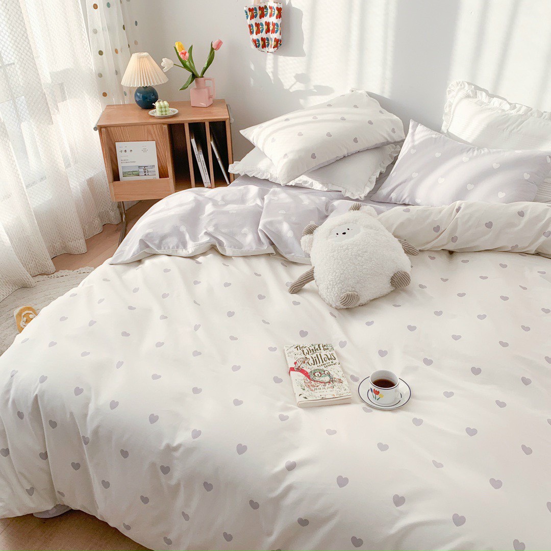 Bộ chăn chần ga gối cotton sử dụng 2 mặt LIDACO SP001450 - Tim xám trắng