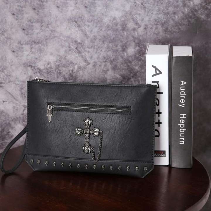 Personalized Rivet Crucifix Clutch Bag PU Leather - Black