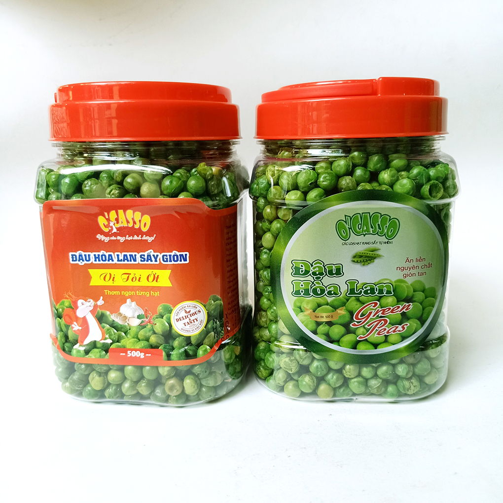 Combo 1kg Đậu Hòa Lan Sấy Giòn Vị Tỏi Ớt_Đậu Hòa Lan  Sấy Giòn Vị Muối O'Casso (500g/hộp)