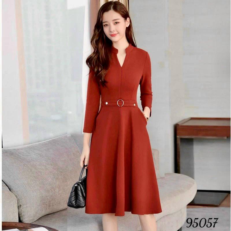 Đầm váy nữ trung niên cổ tim dài tay chữ A dự tiệc dạo phố đỏ đen sang trọng nhẹ nhàng