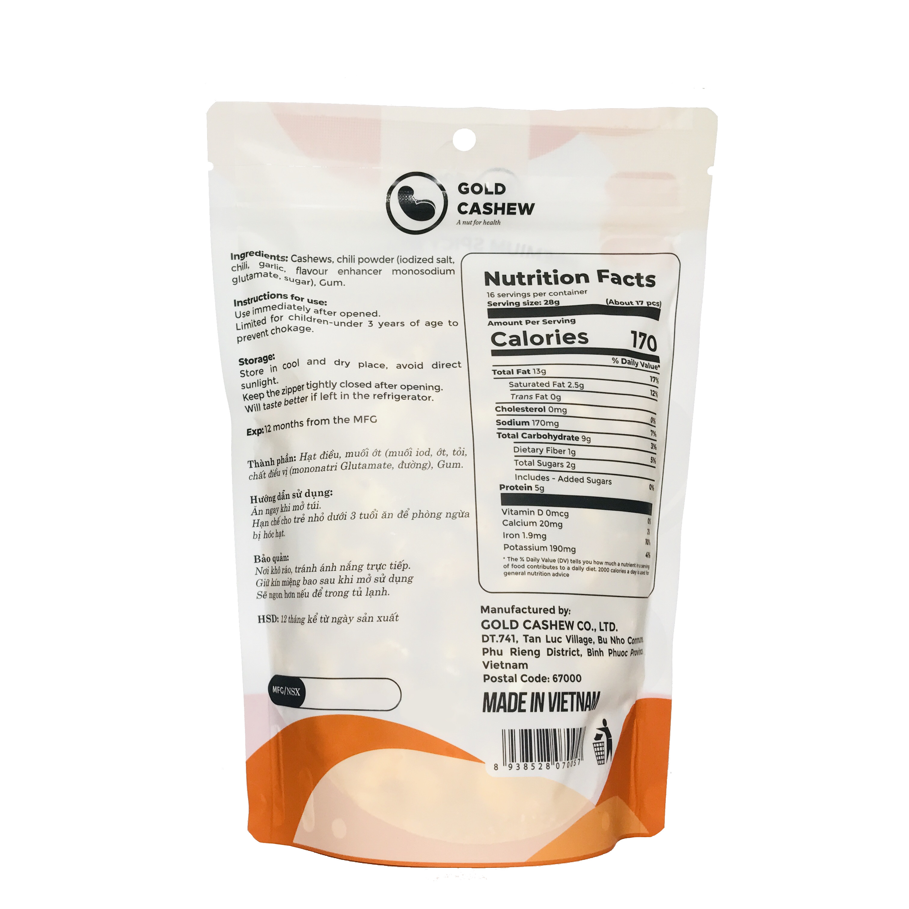 Hạt Điều Rang Cay Cao Cấp Gold Cashew - Premium Spicy Roasted Cashew, Chuẩn hạt điều size WW240, Công nghệ rang không dầu và muối tinh thể, Không chất bảo quản, Không Cholesterol