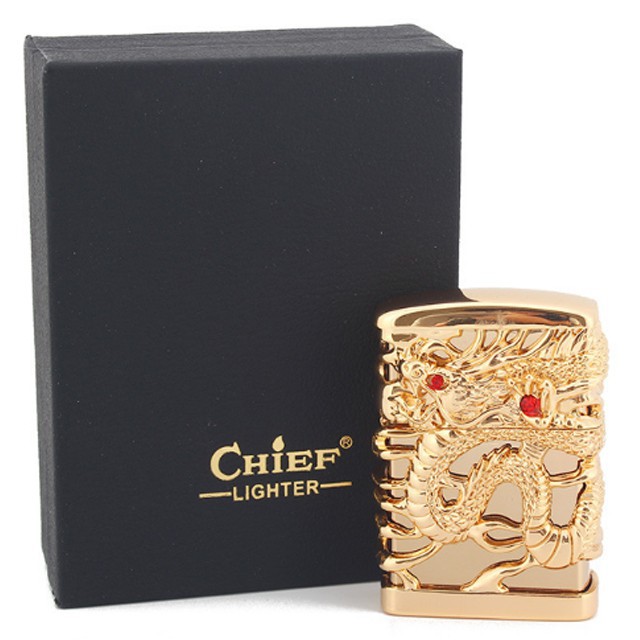 Quẹt Vỏ Hột Quẹt Bật Lửa Rồng Quấn Ôm Ngọc Chief CF0984J Dùng Xăng Bấc Đá Chuyên Dụng - Nhiều Màu (KHÔNG CÓ XĂNG)