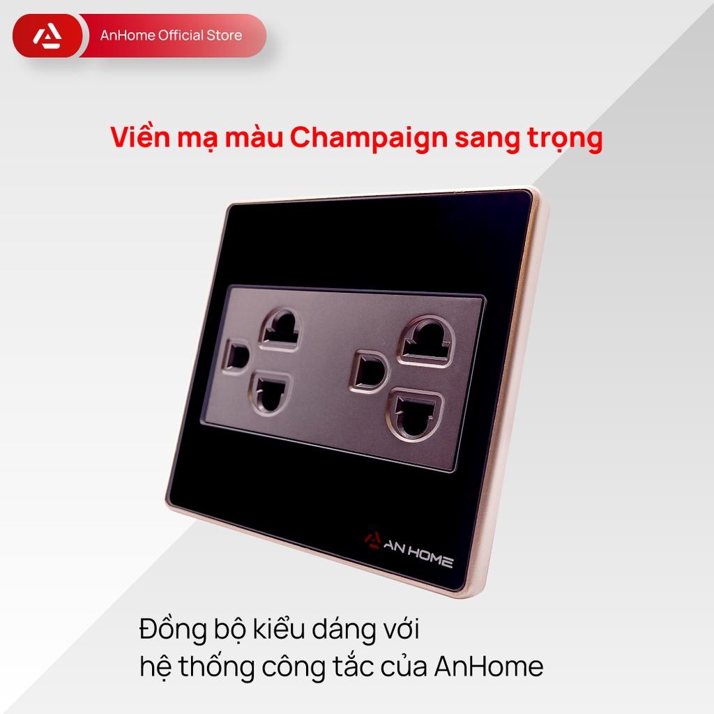 Ổ cắm điện mặt kính cường lực vuông 3 chấu viền mạ Champagne AnHome GS-U3
