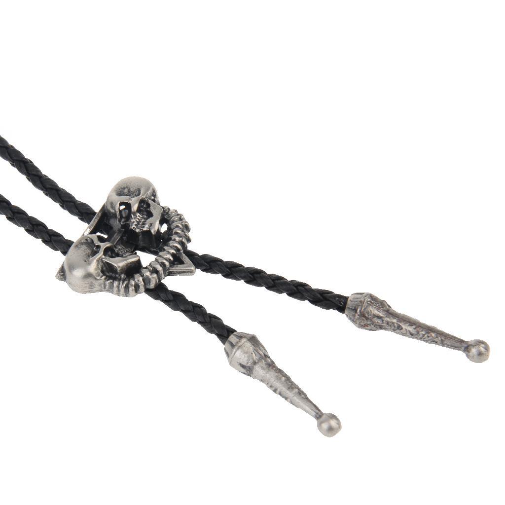 3X Punk Skeleton Skull Bolo Tie Leather Necktie Necklace Western Antique Silver