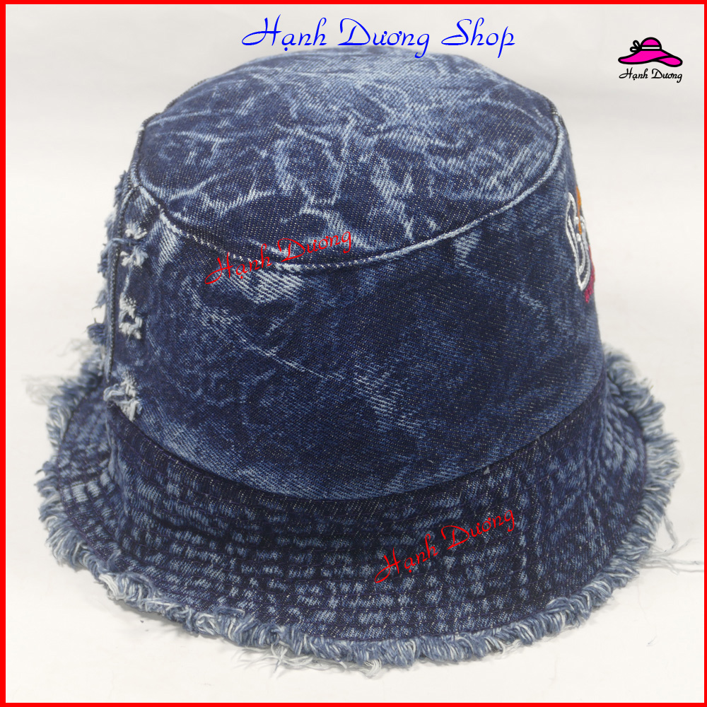 Mũ bucket jean viền rách tua rua thêu chữ B thời trang, phù hợp cho cả nam và nữ