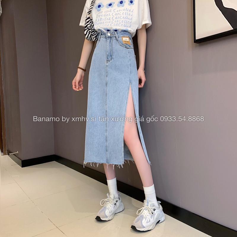 Chân váy jean xẻ đùi Banamo Fashion chân váy bò xẻ tà dáng dài cạp cao phong cách Ulzzang 564