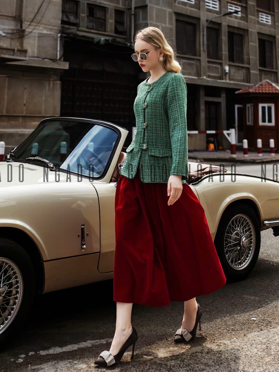 Set áo tweed xanh chân váy đỏ đô NGADO , set áo váy Nữ , set dự tiệc
