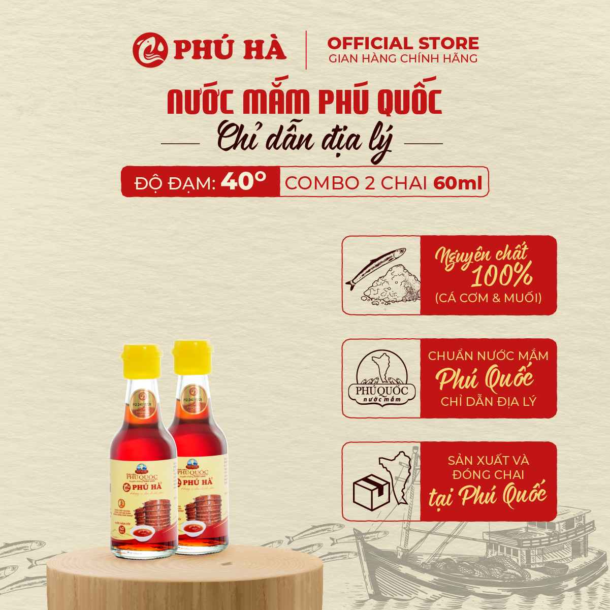 Nước mắm Phú Quốc Chỉ Dẫn Địa Lý Phú Hà 40 độ đạm - Combo 2 chai 60ml