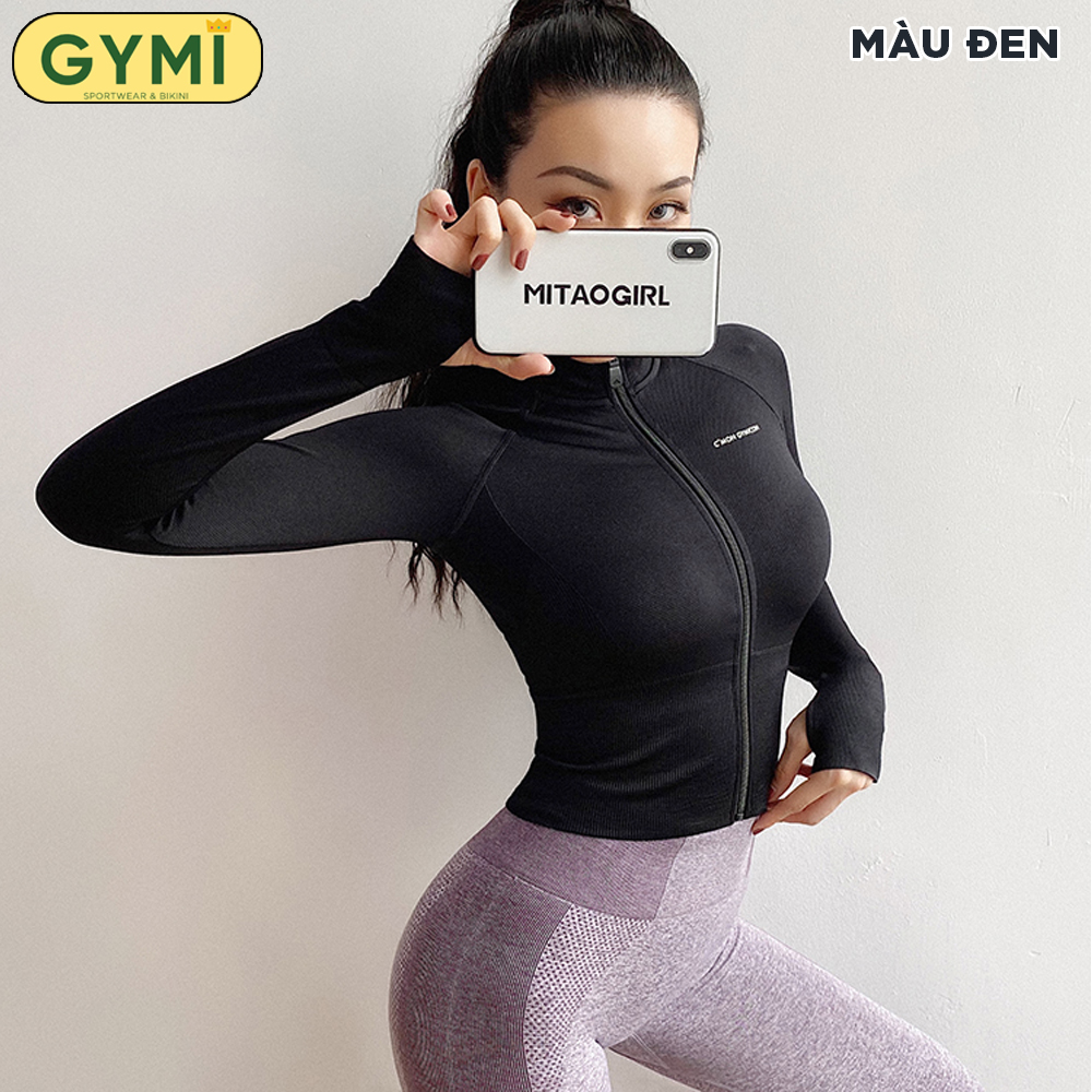 Áo khoác tập gym yoga nữ GYMI AK01 dáng croptop thể thao chất vải dệt dày dặn thoáng khí chống nắng