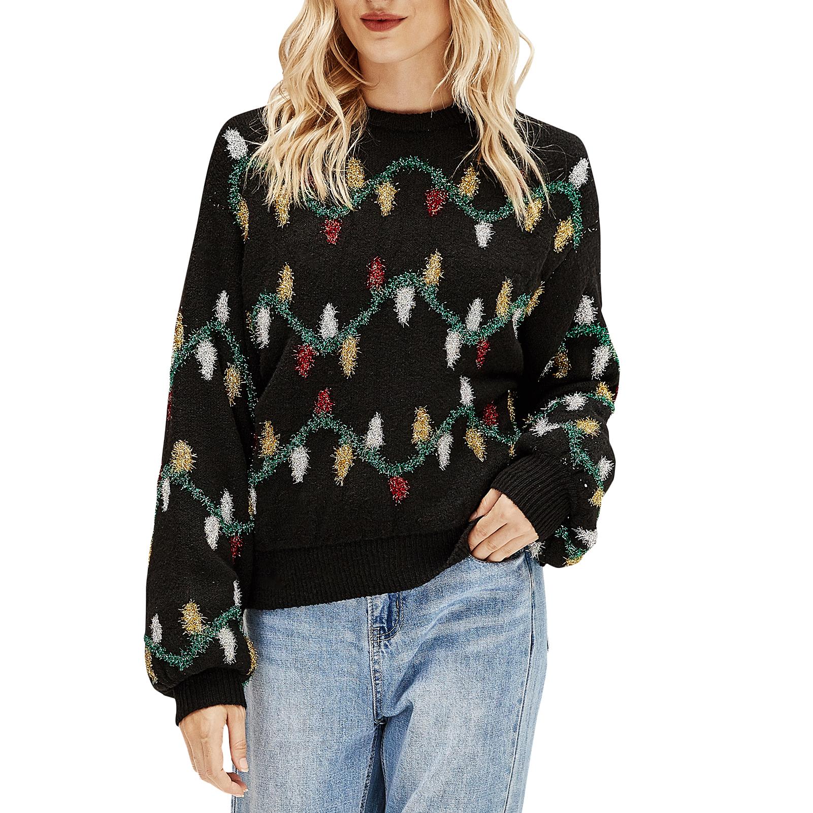 Women Knitted Sweater Christmas Lights Fleece Pullover Blouse O Neck Long Sleeve Casual Loose Sweatshirt