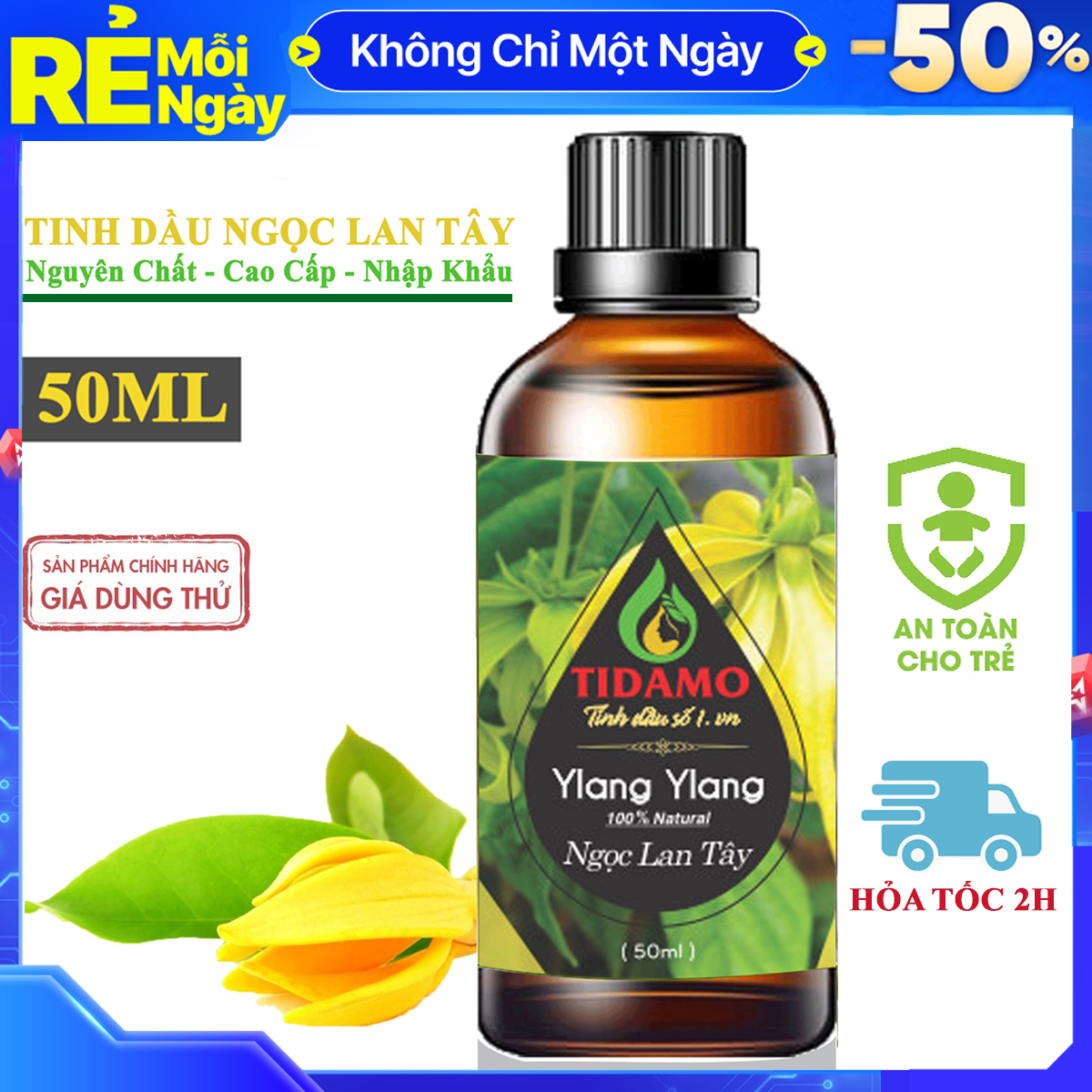 Tinh Dầu Ngọc Lan Tây Nguyên Chất 50ML TIDAMO (Ylang Ylang) - Tinh Dầu Cao Cấp Nhập Khẩu Từ Ấn Độ, Xông Hương Thơm Phòng, Thư Giãn, Nâng Cao Sức Khỏe - Kiểm Nghiệm Chất Lượng Tại Trung Tâm Quatest 3