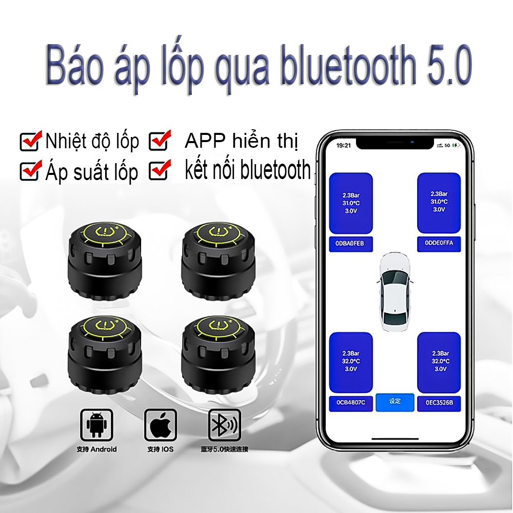 Cảm biến áp suất lốp ô tô xe hơi gắn ngoài cao cấp báo qua bluetooth điện thoại