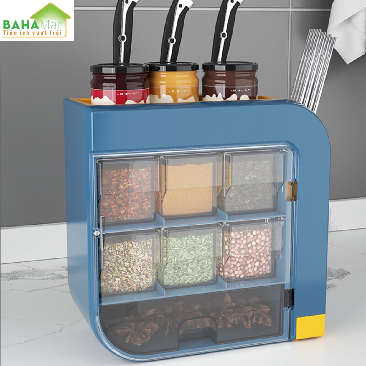 KỆ TREO TƯỜNG ĐA NĂNG ĐỰNG GIA VỊ NHÀ BẾP CẮM DAO VÀ ỐNG ĐŨA BAHAMAR sắp xếp và phân loại rõ ràng các loại gia vị và cắm dao đũa sạch sẽ khô ráo
