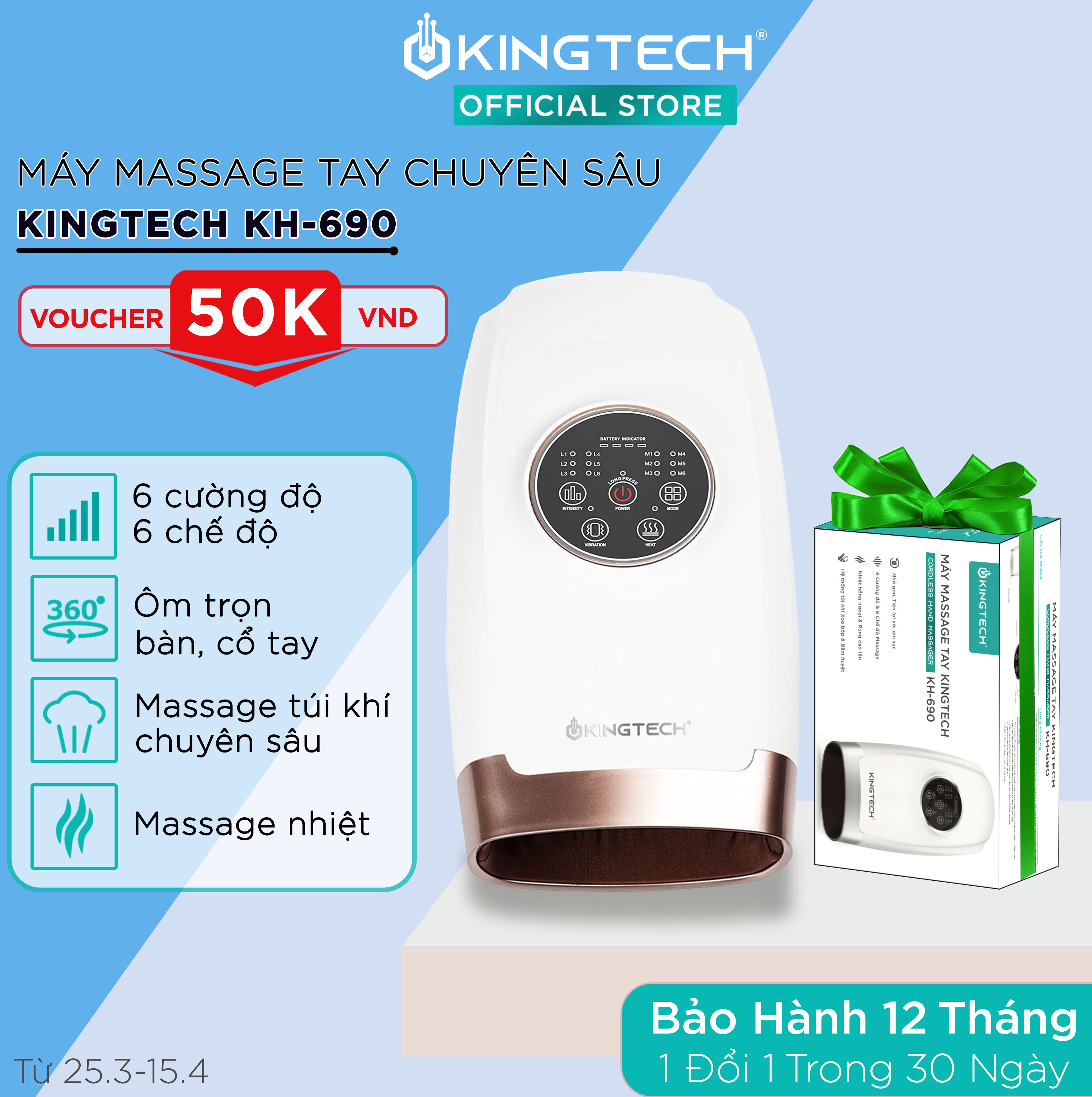 Máy Massage Tay Cao Cấp KingTech -  Mát xa Trị Liệu Không Dây Tích Hợp Nhiệt, Lực Nén Túi Khí 6 Cấp Độ - Giúp Thư Giãn, Giảm Mỏi Khớp Ngón, Lòng Bàn Tay, - Quà Tặng Cho Người Thân