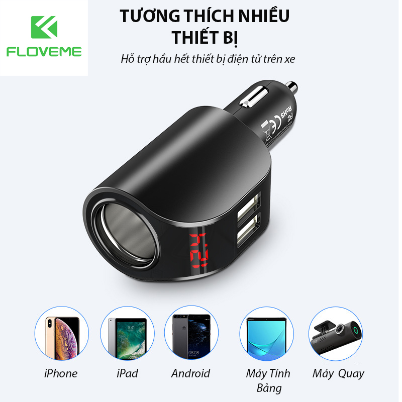 Bộ Sạc Trên Xe Hơi FLOVEME 5V 3.1A, 2 Cổng USB, Hiển Thị Kỹ Thuật Số, Dùng Cho Điện Thoại Di Động,  Nhanh Máy Tính Bảng, Kết Hợp GPS,  Xe Xiaomi, iPhone, Samsung, 2 Cổng - Hàng chính hãng