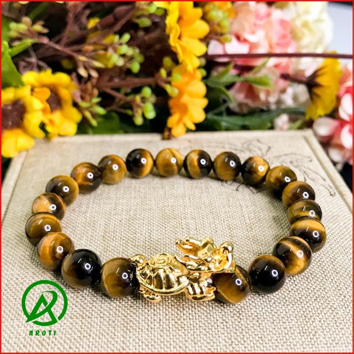 Vòng Tay Phòng Thủy Mệnh Kim - Vòng Tay Nam Nữ Đá Mắt Hổ Vàng Mix Long Quy Vàng 8mm V387-8