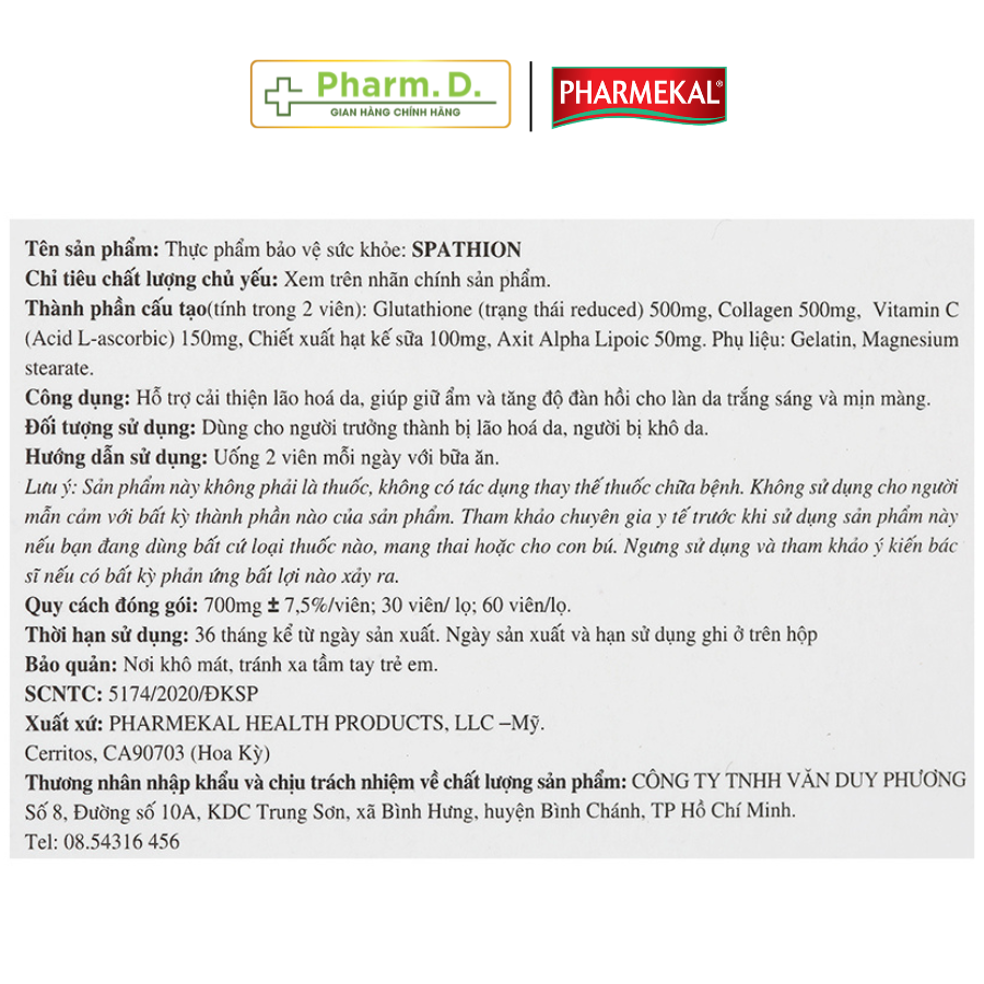 Viên Uống Trắng Da, Hỗ Trợ Điều Trị Nám Chống Oxy Hóa Spathion PHARMEKAL Dạng viên