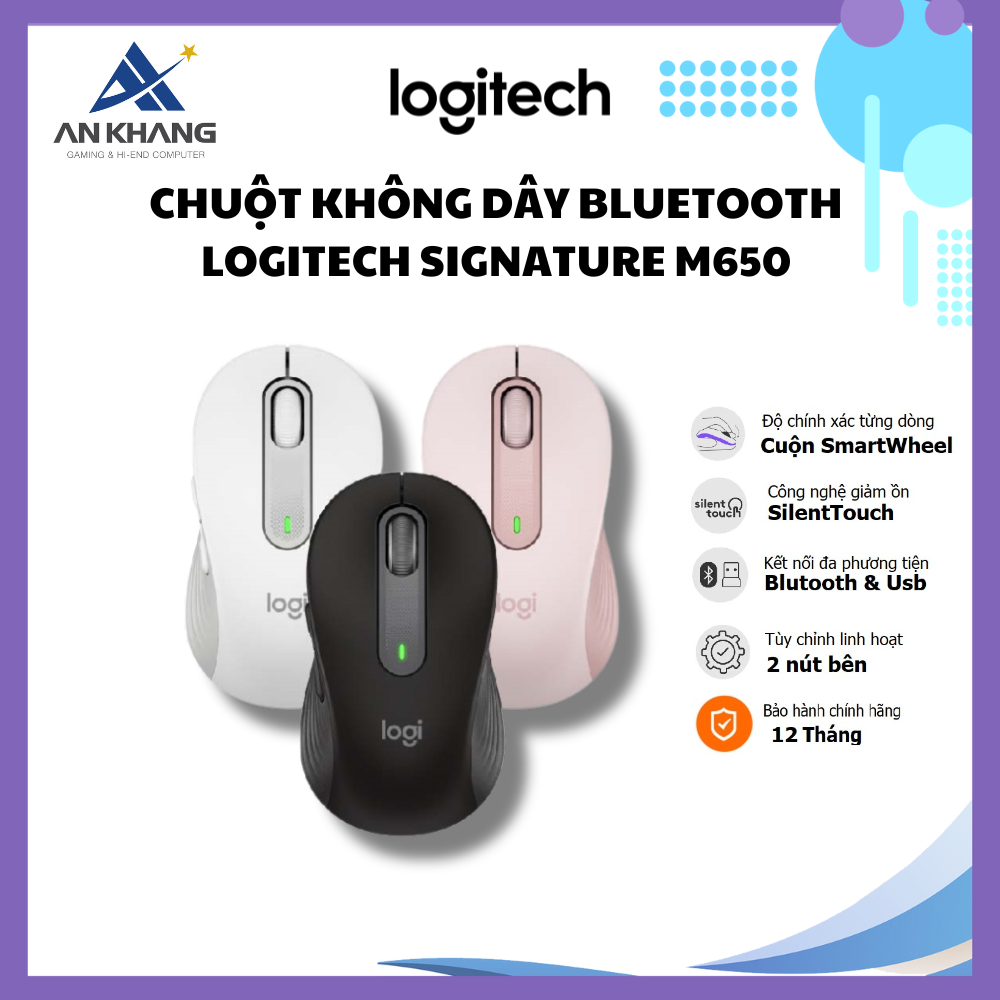 Chuột không dây bluetooth Logitech Signature M650 – Dành cho tay có kích cỡ từ nhỏ tới trung bình, Cuộn SmartWheel, giảm ồn, các nút bên có thể tùy chỉnh – Hàng chính hãng – Màu Trắng – size L