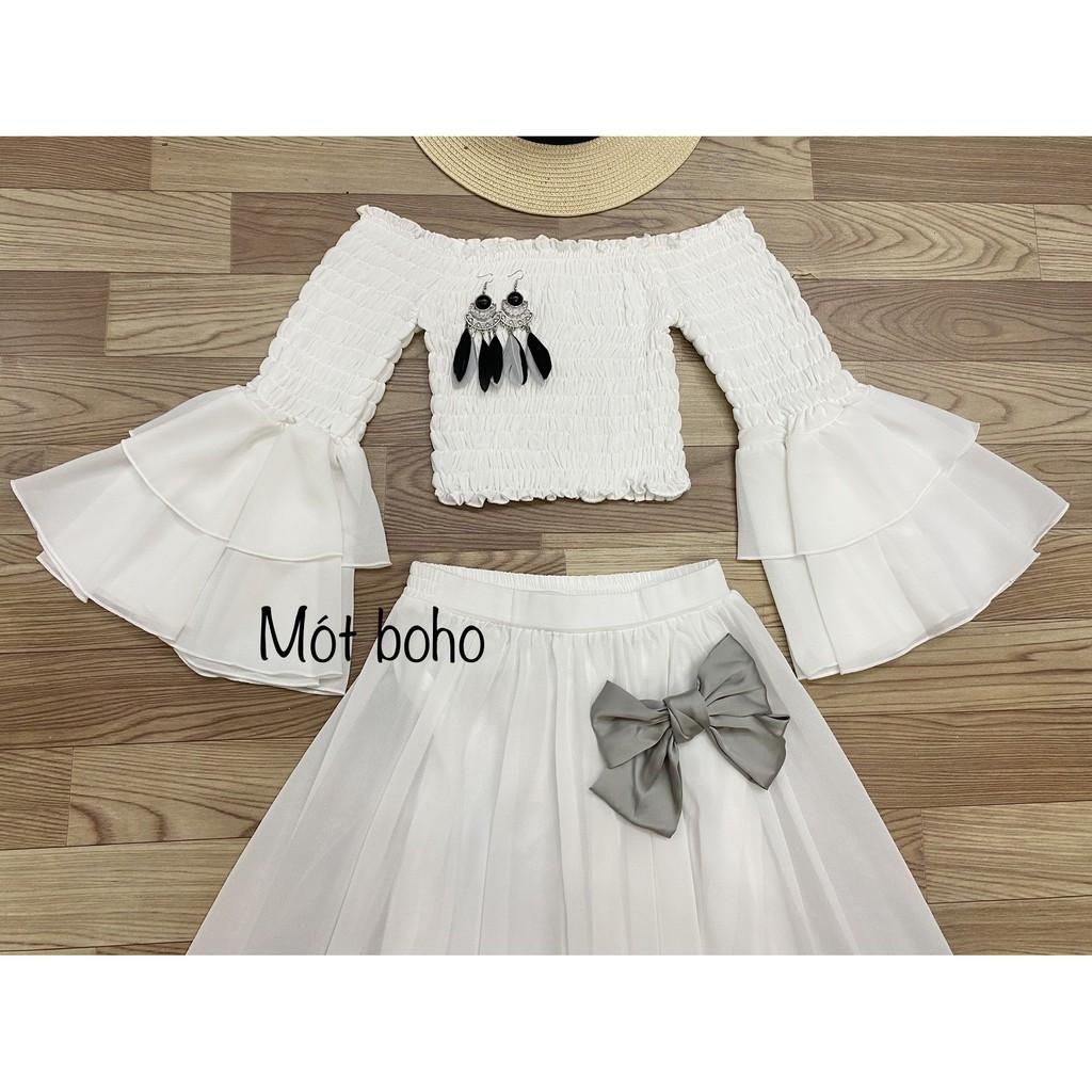 Áo voan trễ vai nhún ngực tay loe