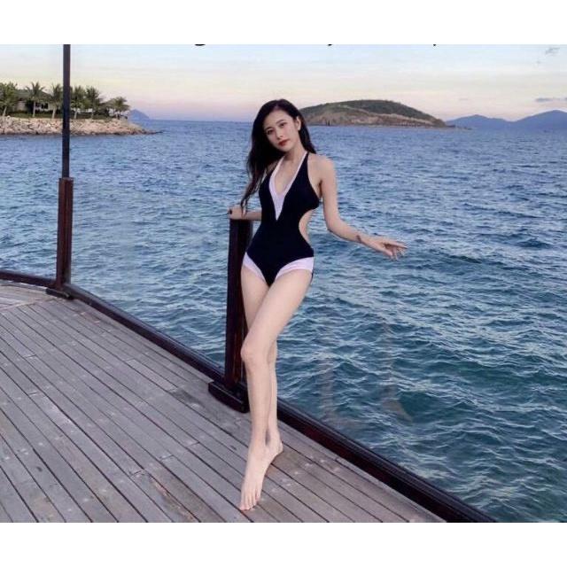 Bikini # Đồ Bơi Đi Biển Một Mảnh Thân Liền Trắng Đen Khoét Eo LT-065