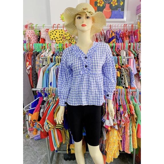 Bộ Sơ Mi Caro Xanh Đính Cúc Kèm Quần Ngố, Vải Lụa Mịn, Đồ Bộ Mặc Nhà, Đi Chơi, Công Việc…