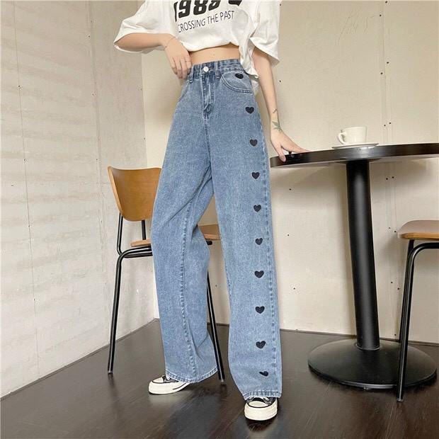 Quần Jeans Ống Rộng In Trái Tim Dọc - Quần Ống Rộng Nữ Dáng Suông Lưng Cao Ulzzang Q45