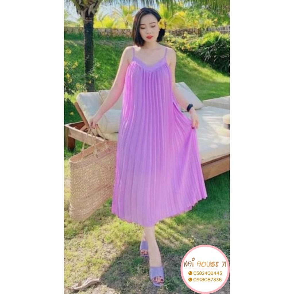 Đầm Maxi Hai Dây Dập Li Rẻ Quạt Vải Chiffon NHIHOUSE71 Freesize Dưới 60kg