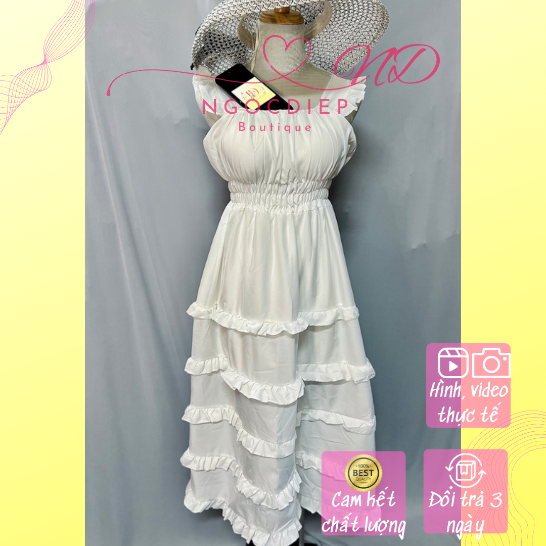 Đầm Maxi Trắng Xòe Tiểu Thư Đi Biển Vintage