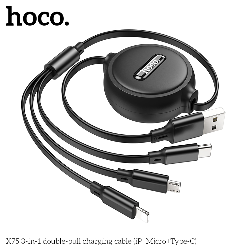 Dây sạc nhanh 3 đầu 2A hàng chính hãng Hoco X75 3in1 dây rút dẹt đa năng chất liệu TPE dài 1M Hoco Mall