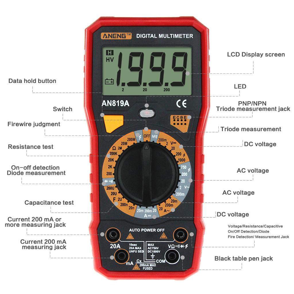 AN819A LCD Digital Multimeter Voltmeter Ammeter Ohmmeter with Test Leads