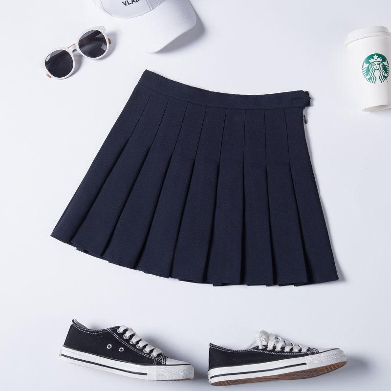 SHUANGYAN Váy xếp nếp nữ xuân hạ váy ngắn màu đen âu phục sinh viên ngắn eo cao chữ A lộ ra gầy nửa người váy