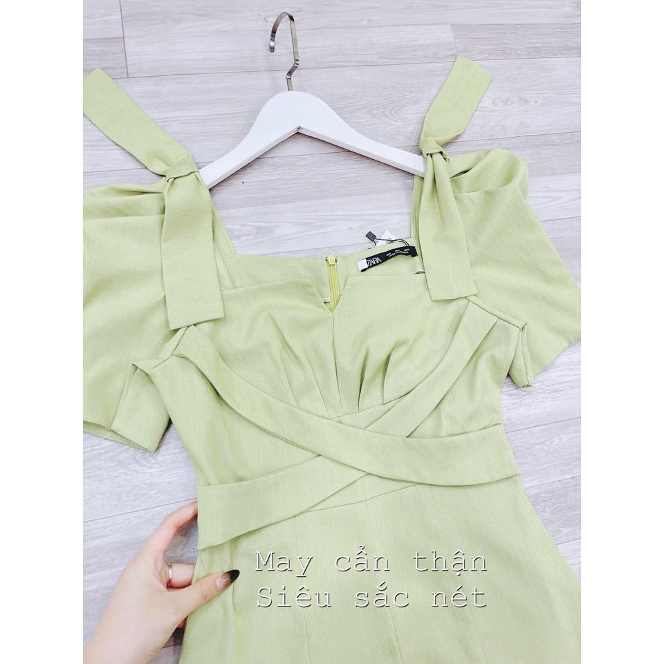 Váy Đầm xanh cốm dây đan chéo nơ vai