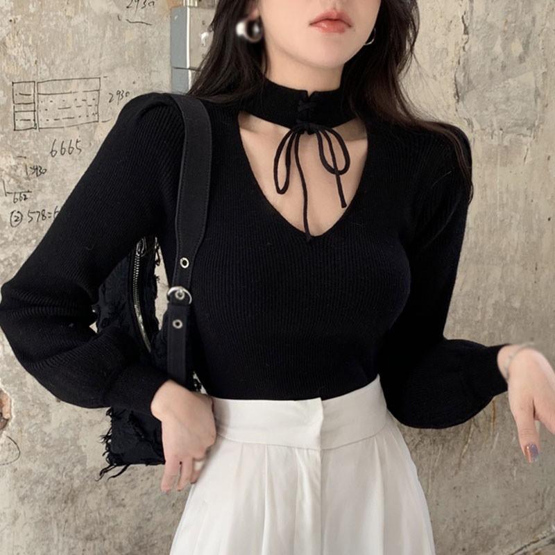 Áo sweater dệt kim thiết kế tay dài cổ chữ V hở lưng cho nữ