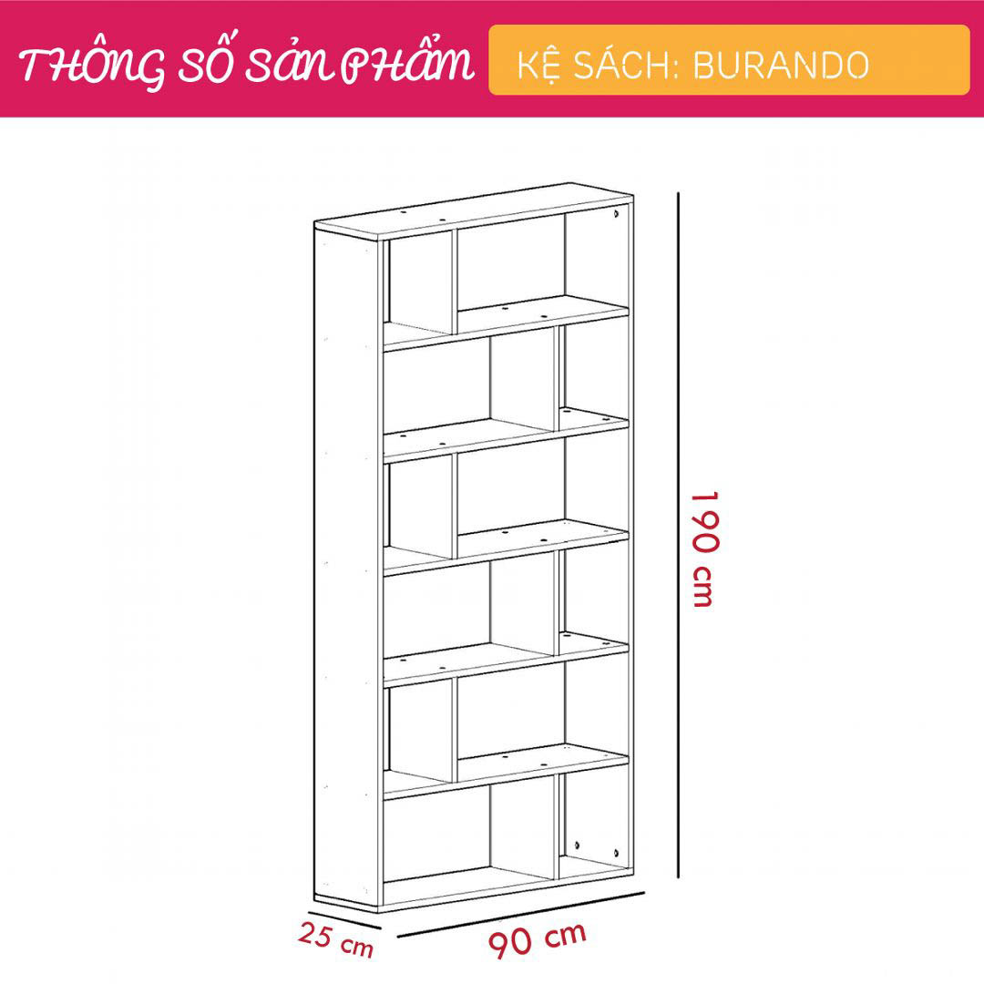 Kệ sách, kệ trang trí gỗ hiện đại SMLIFE Burando | Gỗ MDF dày 17mm chống ẩm | D90xR25xC190cm