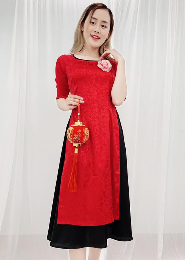 Set Áo Dài Cách Tân Gấm Đỏ Kiểu Áo Dài Nữ In Ẩn Hoa Hồng Váy Đen GOTI 3141 