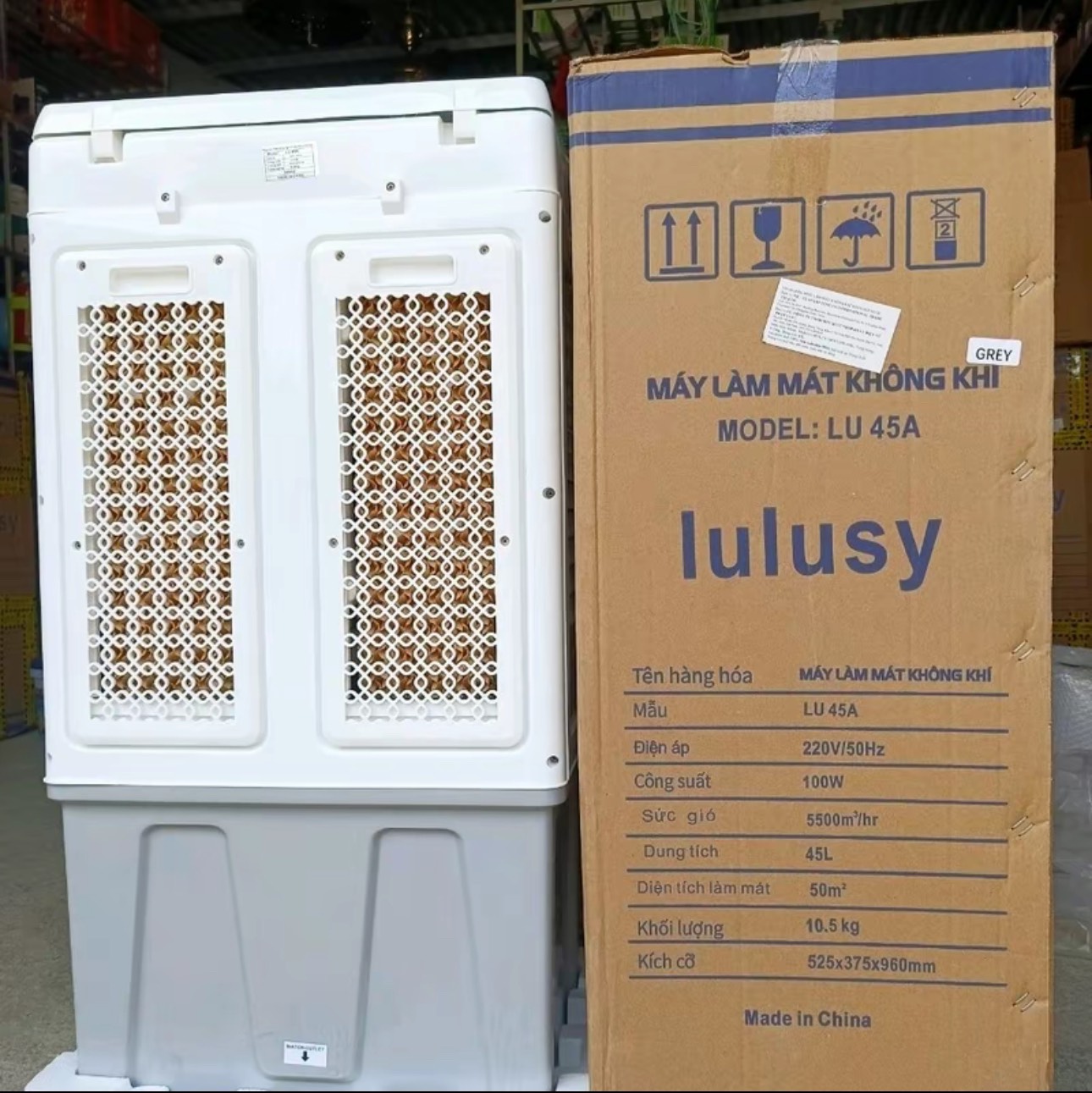 Quạt điều hoà hơi nước 45 lít Lulusy 45A + tặng 2 đá khô có bánh xe, Motor đồng bền bỉ, êm ái, tiết kiệm điện, dễ dàng vệ sinh, hàng nhập khẩu