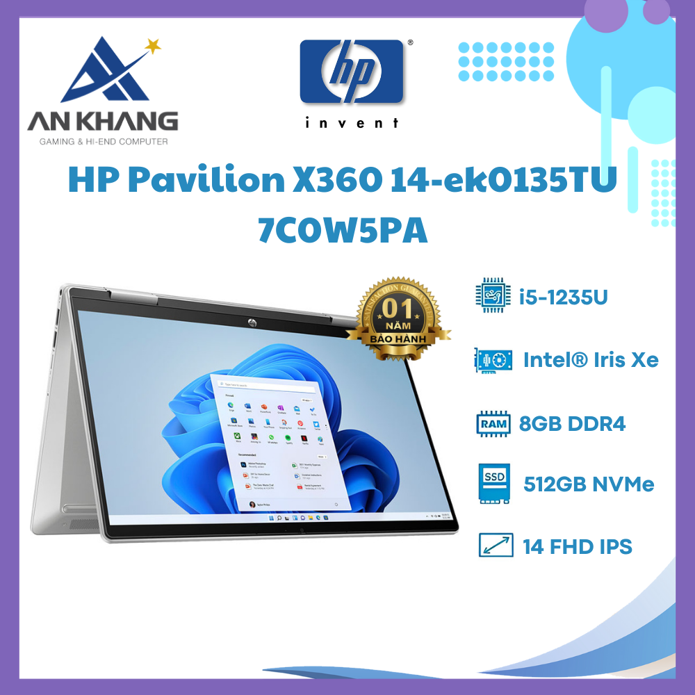 Laptop HP Pavilion X360 14-ek0135TU 7C0W5PA (Core i5-1235U | 8GB | 512GB | Intel Iris Xe | 14 inch FHD | Cảm ứng | Win 11 | Bạc) - Hàng Chính Hãng