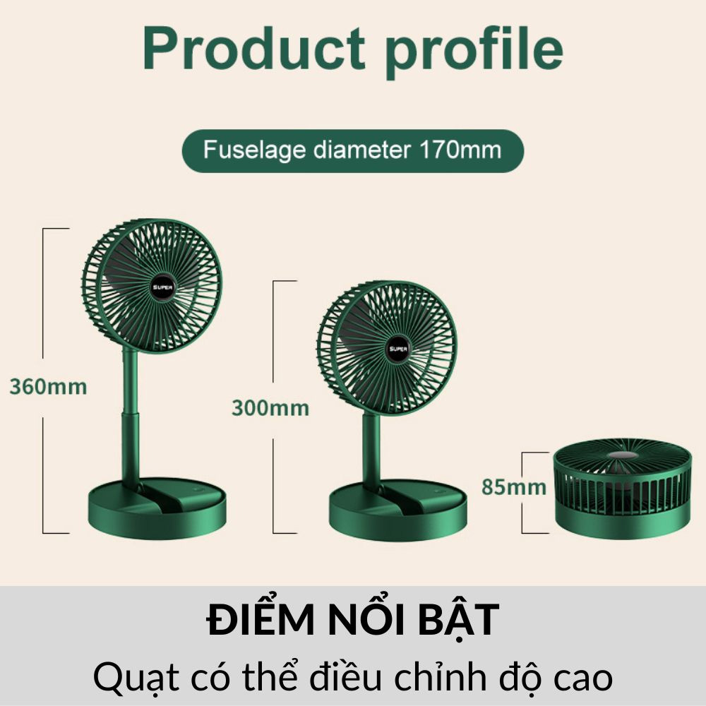 Quạt sạc tích điện để bàn gấp gọn và điều chỉnh độ cao 95cm mã