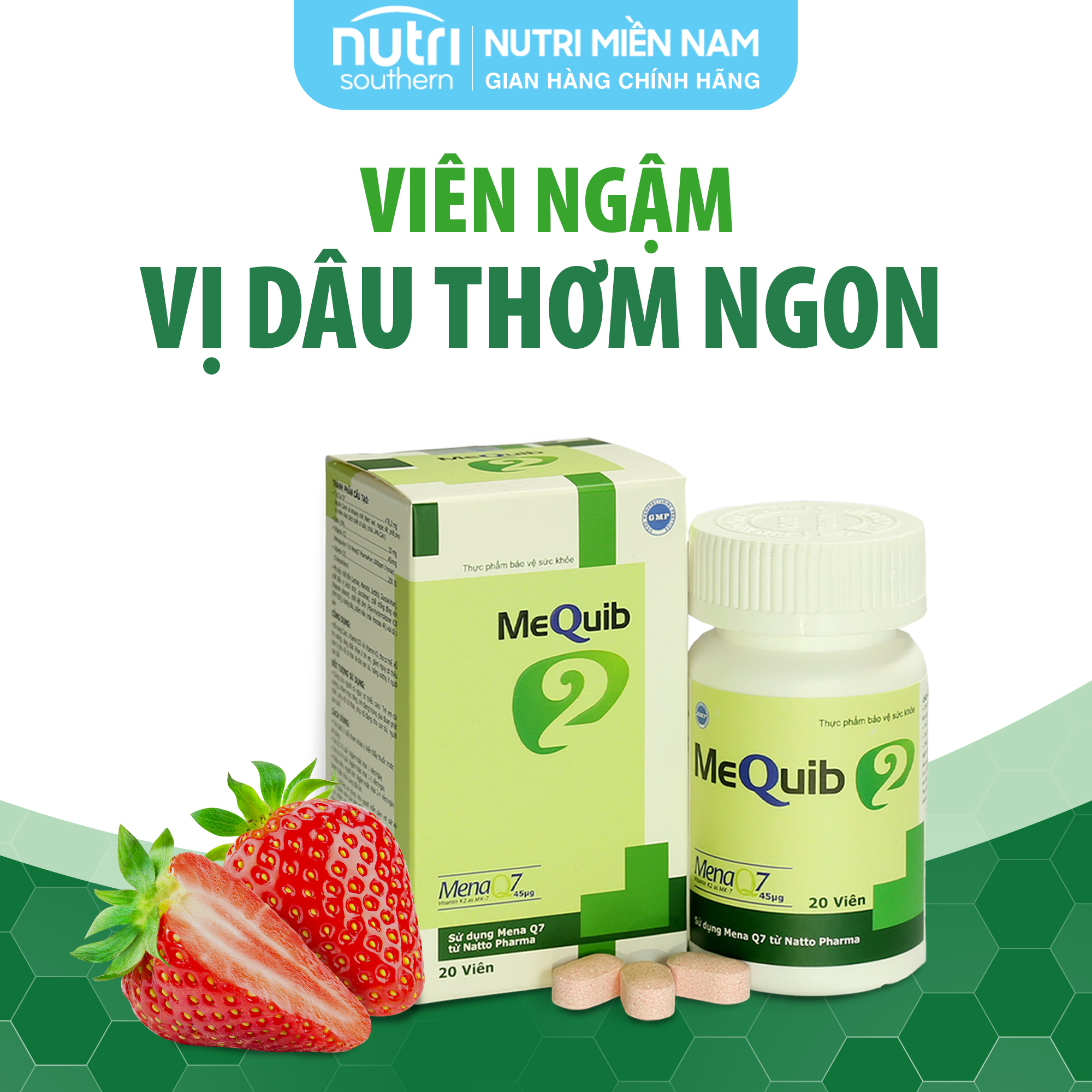 Viên ngậm Vitamin D3 K2 MK7 MenaQ7 và Canxi MEQUIB 2 - Giúp xương chắc khỏe, tăng cường phát triển chiều cao (hộp 20 viên)