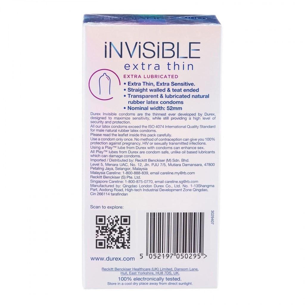 Bao Cao Su DUREX INVISIBLE EXTRA LUBRICANT - Siêu mỏng, cỡ vừa 52mm - Hộp 10c