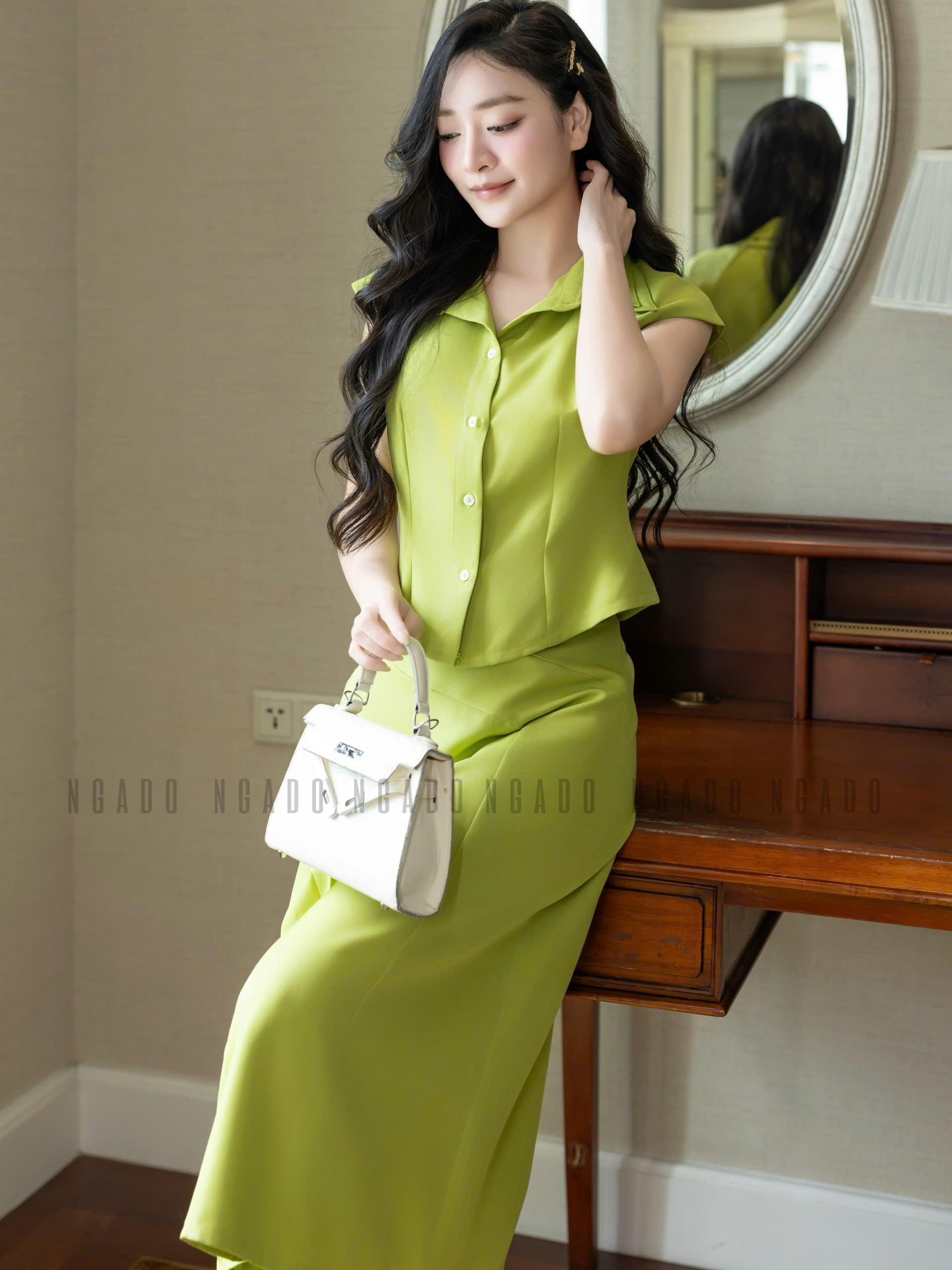Set áo váy xanh bơ tay con NGADO , set áo váy dài , set kiểu Nữ