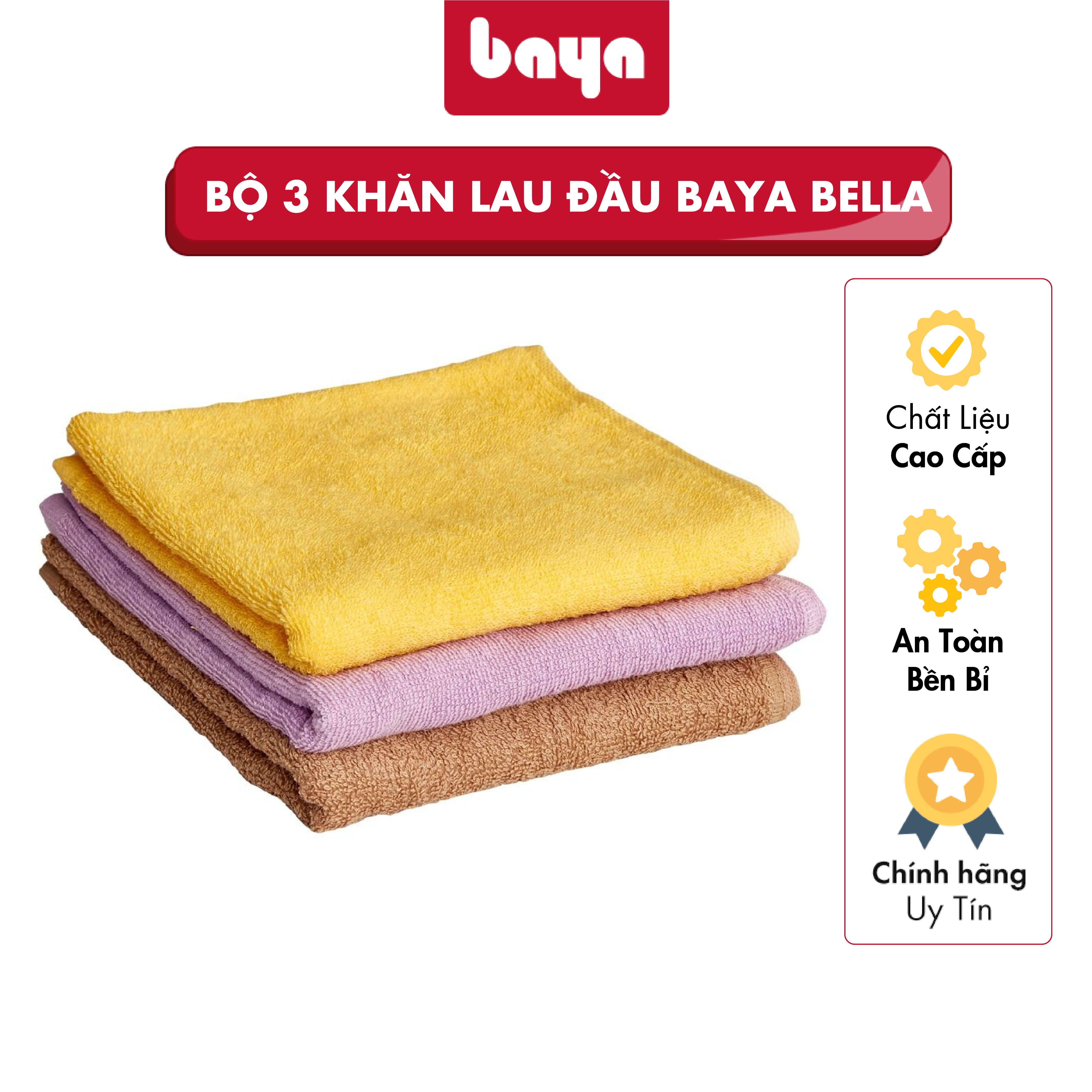 Bộ 3 Khăn Lau Đầu BAYA BELLA Chất Liệu Cotton Mềm Mại Bền Màu, Thấm Hút Tốt, Nhanh Khô 7400047