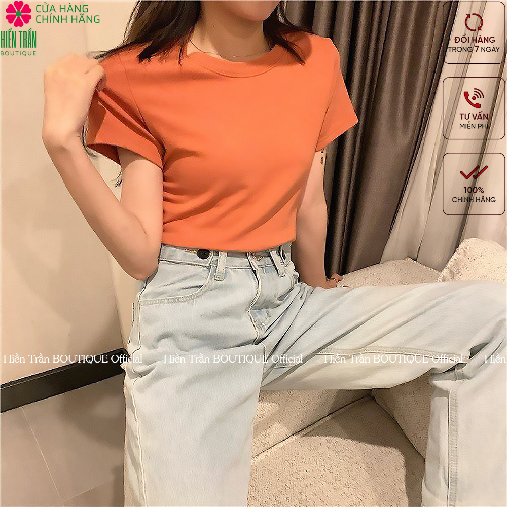 Áo phông nữ, áo thun nữ cổ tròn Hiền Trần BOUTIQUE cộc tay ngắn dáng ôm body thun cotton trơn màu trắng đen xanh tím nâu cam