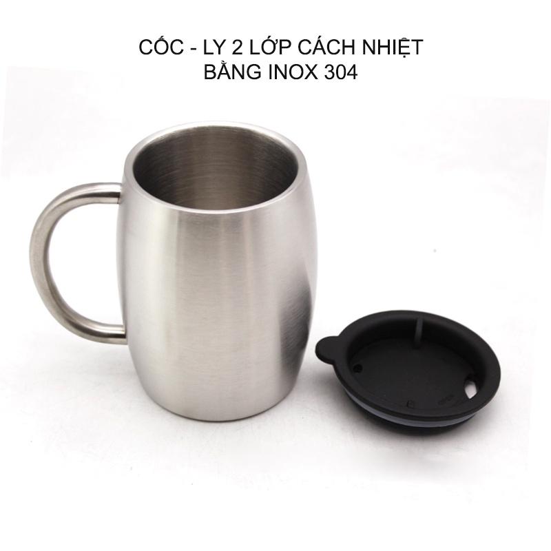 Cốc (ly) uống café bằng inox 304 GF400 loại 2 lớp chống nóng, có nắp nhựa, dung tích 400ml