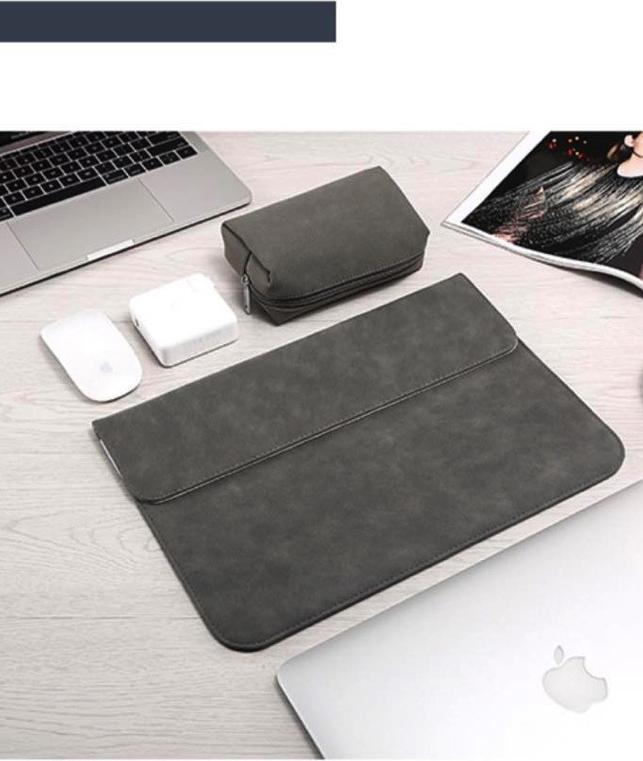 Bao da, túi da, cặp da chống sốc cho macbook, laptop chất da lộn kèm ví đựng phụ kiện - Xám - The New Macbook 12 inch