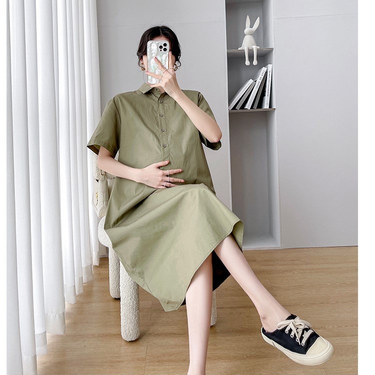 Đầm sơ mi bà bầu dáng suông, rộng rãi, thoáng mát tạo cảm giác thoải mái, chất Linen mềm mịn cao cấp Đũi Việt Da61 XANH RẺU