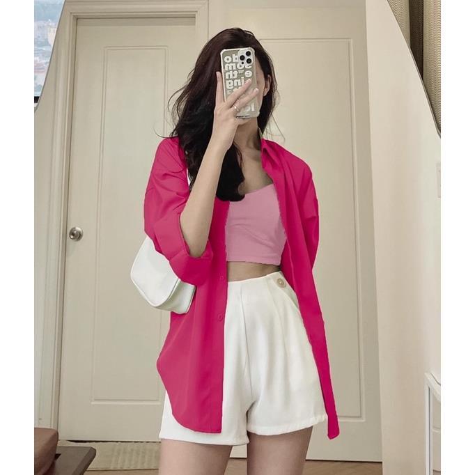 Set áo croptop bra 2 dây phối áo khoác sơ mi kèm quần shorts trắng